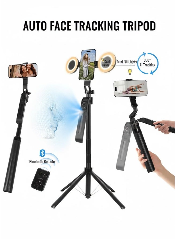 Highdas 70.9" AI Auto Face Tracking Tripod 360° Rotation with Stand & Light, Phone Camera Holder Stand with Remote & Gesture Control, Extendable Selfie Stick for GoPro/Travel/Vlog/Video/Tiktok/Live Streaming